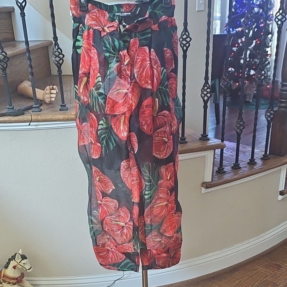 Dolce & Gabbana Black Pants with Red and Green Floral Design